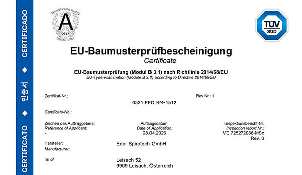Eder Spirotech GmbH: EU-Baumusterprüfung (Modul B 3.1) nach Richtlinie 2014/68/EU